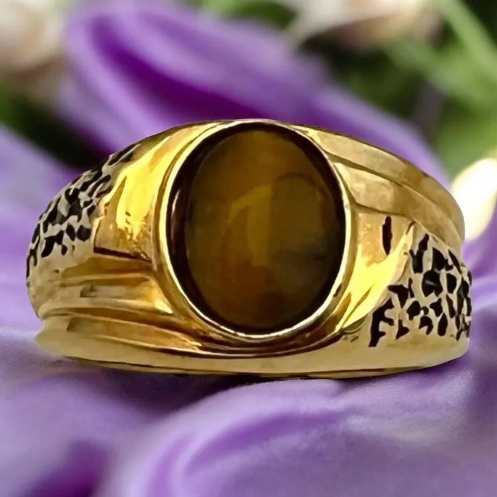 Vintage 1970s Ring Size 10 Uncas Tiger's Eye 14K Gold Plate Gent's - 14N
